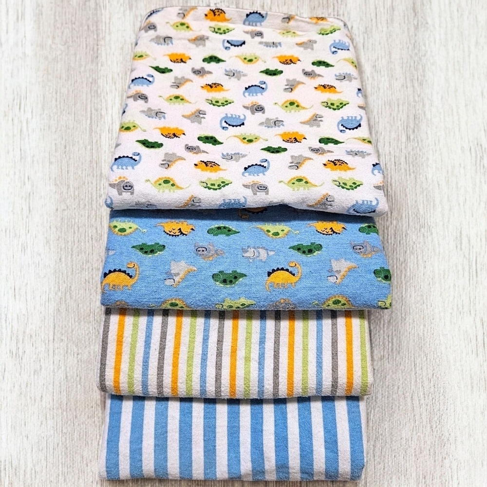 Gerber Flannel Baby Blankets 4-Pack 100% Cotton Dinosaurs & Stripes 30x30